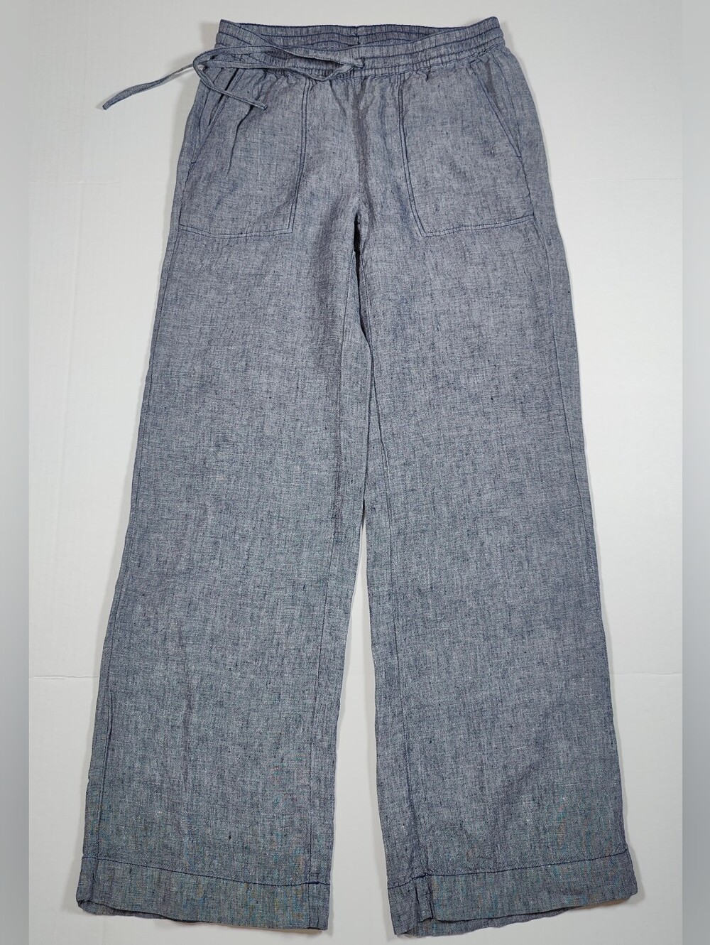 Saks Fifth Avenue Blue Gray 100% Linen Wide Leg Drawstring Pants Sz XS (28Wx29L)